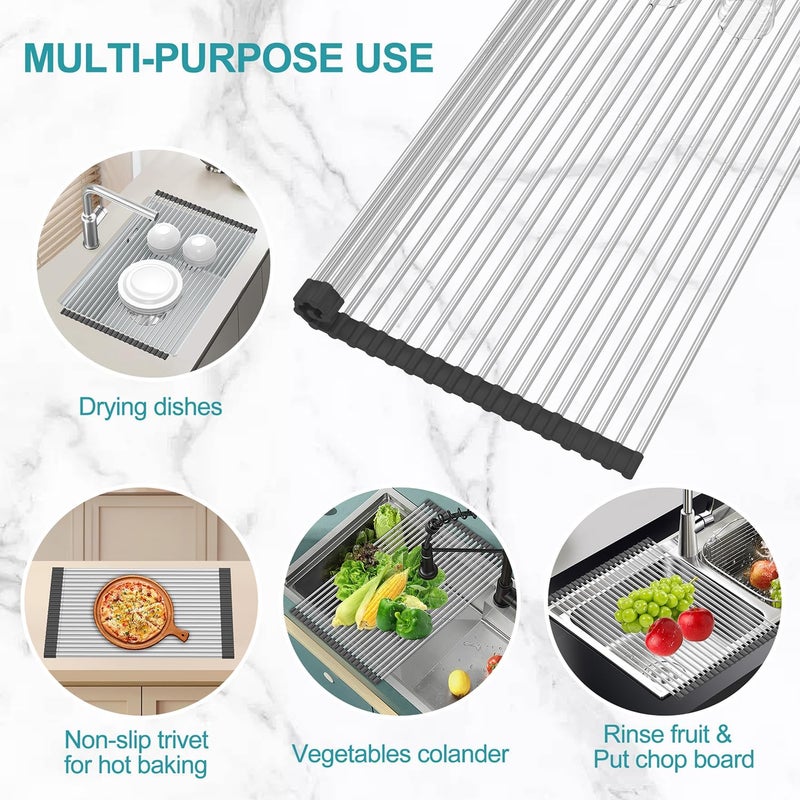 BBXTYLY Extra Large Expandable Roll Up Dish Drying Rack,Over The Sink Drying Rack Sink Cover Kitchen Sink Accessories Kitchen Rolling up Stainless Steel Drainer, Foldable,Rollable（Black，22.8''-17''） - Image 5